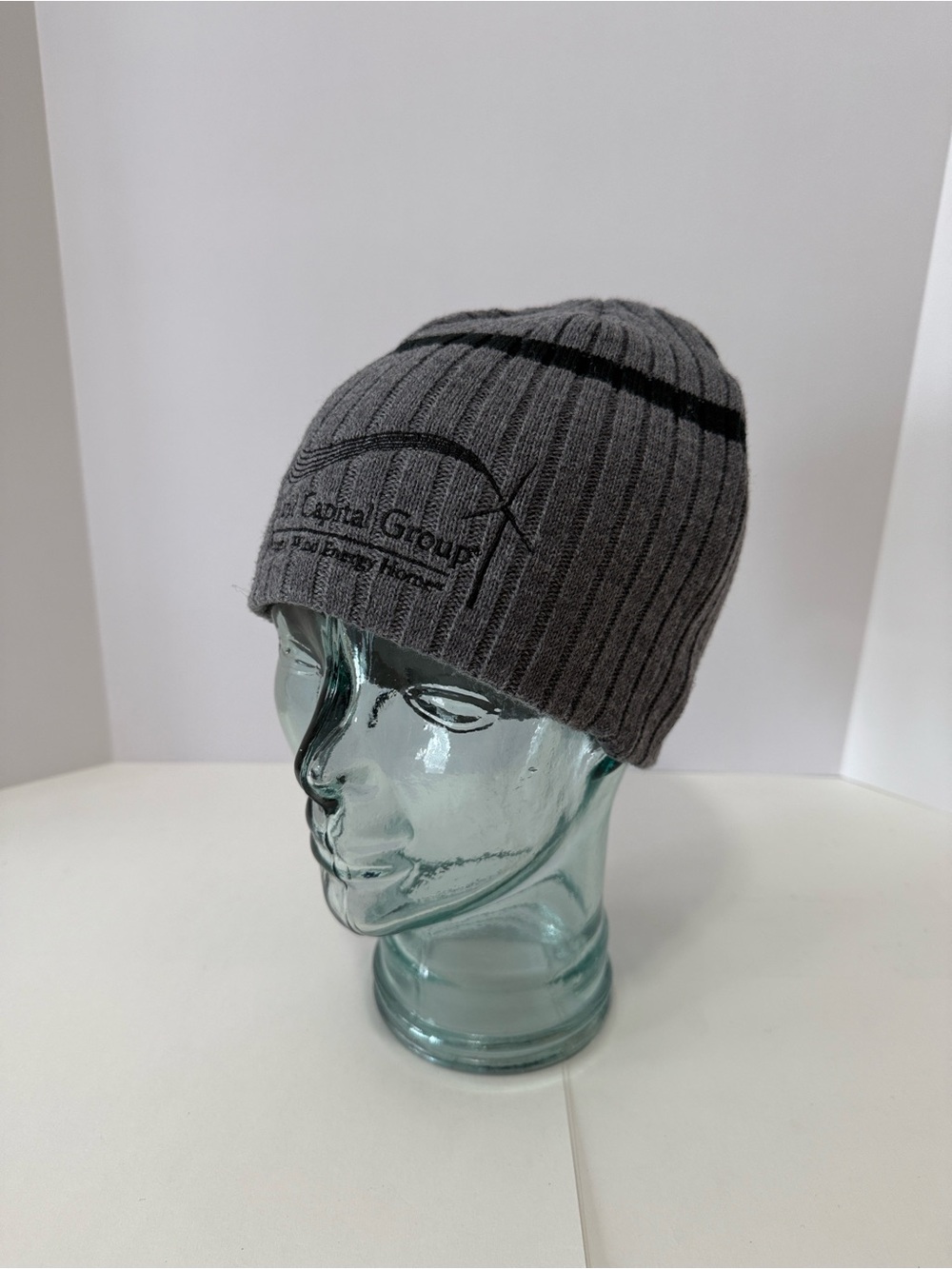 District Threads Gray Ribbed Knit Beanie with Logo Tag